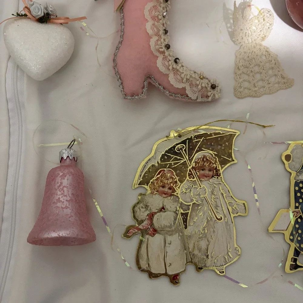 Lot Of 16 Victorian Cottage Christmas Ornaments Chic Shabby Pink core Gold